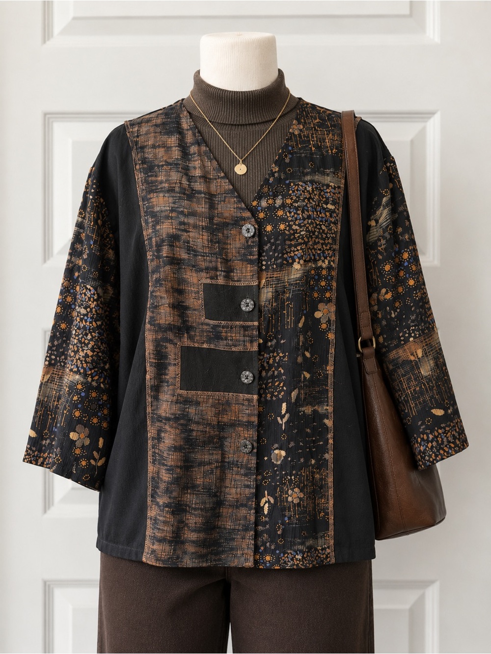 Vintage 90’s C.M. Shapes Blouse Large Black Patchwork Floral Rayon Artsy Boho